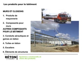 ET LOGEMENT
BÉTON
MURS ET CLOISONS
MURS ET CLOISONS
1. Produits de
maçonnerie
2. Composants pour
murs
AUTRES COMPOSANTS
AUTRES COMPOSANTS
POUR LE BÂTIMENT
POUR LE BÂTIMENT
3. Conduits aérauliques et
gaines en béton
4. Tuiles en béton
5. Escaliers
6. Éléments de structures
Systèmes constructifs et
choix des produits
Les produits pour le bâtiment
 