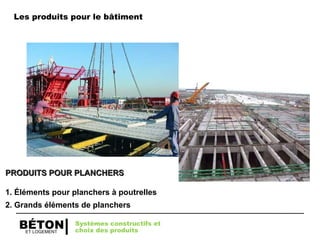 ET LOGEMENT
BÉTON
PRODUITS POUR PLANCHERS
PRODUITS POUR PLANCHERS
1. Éléments pour planchers à poutrelles
2. Grands éléments de planchers
Systèmes constructifs et
choix des produits
Les produits pour le bâtiment
 