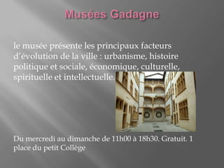 le musée présente les principaux facteurs
d’évolution de la ville : urbanisme, histoire
politique et sociale, économique, culturelle,
spirituelle et intellectuelle.
Du mercredi au dimanche de 11h00 à 18h30. Gratuit. 1
place du petit Collège
 