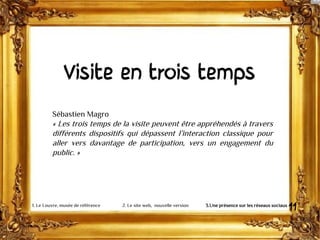 Événements, vidéos
Visite en trois temps
Sébastien Magro
« Les trois temps de la visite peuvent être appréhendés à travers
différents dispositifs qui dépassent l’interaction classique pour
aller vers davantage de participation, vers un engagement du
public. »
111. Le Louvre, musée de référence 2. Le site web, nouvelle version 3.Une présence sur les réseaux sociaux
 