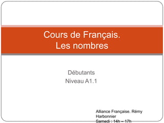 Débutants Niveau A1.1 Cours de Français.Les nombres Alliance Française. RémyHarbonnier Samedi: 14h – 17h 