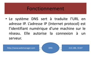 Fonctionnement
• Le système DNS sert à traduite l’URL en
adresse IP. L’adresse IP (Internet protocol) est
l’identifiant numérique d’une machine sur le
réseau. Elle autorise la connexion à un
serveur.
http://www.webmanager.com DNS 213.186. 33.87
 