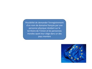 Possibilité de demander l’enregistrement
d’un nom de domaine français par une
personne physique résidant sur le
territoire de l’Union et les personnes
morales ayant leur siège dans un des
pays membre
 