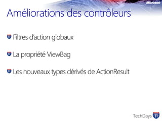 Améliorations des contrôleursFiltresd’actionglobauxLa propriété ViewBagLes nouveaux types dérivés de ActionResult