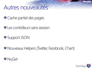 AutresnouveautésCache partiel des pagesLes contrôleurs sans sessionSupport JSONNouveaux Helpers (Twitter, Facebook, Chart)NuGet