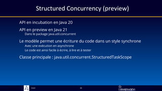 Sciam
Structured Concurrency (preview)
API en incubation en Java 20
Classe principale : java.util.concurrent.StructuredTaskScope
34
Le modèle permet une écriture du code dans un style synchrone
Avec une exécution en asynchrone
Le code est ainsi facile à écrire, à lire et à tester
API en preview en Java 21
Dans le package java.util.concurrent
 