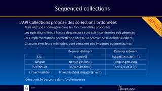 Sciam
Sequenced collections
L’API Collections propose des collections ordonnées
Mais n’est pas homogène dans les fonctionnalités proposées
44
Les opérations liées à l'ordre de parcours sont soit incohérentes soit absentes
Premier élément Dernier élément
List list.get(0) list.get(list.size() - 1)
Deque deque.getFirst() deque.getLast()
SortedSet sortedSet.first() sortedSet.last()
LinkedHashSet linkedHashSet.iterator().next()
Des implémentations permettent d'obtenir le premier ou le dernier élément
Chacune avec leurs méthodes, dont certaines pas évidentes ou inexistantes
Idem pour le parcours dans l’ordre inverse
 