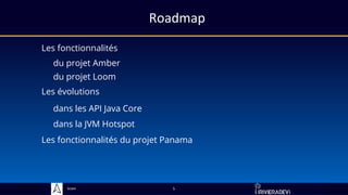 Sciam
Roadmap
Les fonctionnalités
du projet Amber
5
Les évolutions
du projet Loom
dans la JVM Hotspot
dans les API Java Core
Les fonctionnalités du projet Panama
 