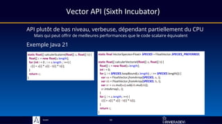 Sciam
static float[] calculerScalaire(float[] a, float[] b) {
float[] c = new float[a.length];
for (int i = 0 ; i < a.length ; i++) {
c[i] = a[i] * a[i] - b[i] * b[i];
}
return c;
}
55
API plutôt de bas niveau, verbeuse, dépendant partiellement du CPU
Mais qui peut offrir de meilleures performances que le code scalaire équivalent
Exemple Java 21
static final VectorSpecies<Float> SPECIES = FloatVector.SPECIES_PREFERRED;
static float[] calculerVectoriel(float[] a, float[] b) {
float[] c = new float[a.length];
int i = 0;
for (; i < SPECIES.loopBound(a.length) ; i += SPECIES.length()) {
var va = FloatVector.fromArray(SPECIES, a, i);
var vb = FloatVector.fromArray(SPECIES, b, i);
var vr = va.mul(va).sub(vb.mul(vb));
vr.intoArray(c, i);
}
for (; i < a.length; i++) {
c[i] = a[i] * a[i] - b[i] * b[i];
}
return c;
}
Vector API (Sixth Incubator)
 