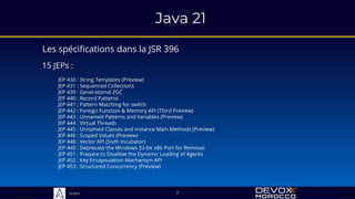 Sciam
Java 21
Les spécifications dans la JSR 396
3
15 JEPs :
JEP 430 : String Templates (Preview)
JEP 431 : Sequenced Collections
JEP 439 : Generational ZGC
JEP 440 : Record Patterns
JEP 441 : Pattern Matching for switch
JEP 442 : Foreign Function & Memory API (Third Preview)
JEP 443 : Unnamed Patterns and Variables (Preview)
JEP 444 : Virtual Threads
JEP 445 : Unnamed Classes and Instance Main Methods (Preview)
JEP 446 : Scoped Values (Preview)
JEP 448 : Vector API (Sixth Incubator)
JEP 449 : Deprecate the Windows 32-bit x86 Port for Removal
JEP 451 : Prepare to Disallow the Dynamic Loading of Agents
JEP 452 : Key Encapsulation Machanism API
JEP 453 : Structured Concurrency (Preview)
 