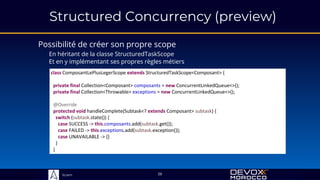Sciam
Structured Concurrency (preview)
Possibilité de créer son propre scope
En héritant de la classe StructuredTaskScope
Et en y implémentant ses propres règles métiers
38
class ComposantLePlusLegerScope extends StructuredTaskScope<Composant> {
private final Collection<Composant> composants = new ConcurrentLinkedQueue<>();
private final Collection<Throwable> exceptions = new ConcurrentLinkedQueue<>();
@Override
protected void handleComplete(Subtask<? extends Composant> subtask) {
switch (subtask.state()) {
case SUCCESS -> this.composants.add(subtask.get());
case FAILED -> this.exceptions.add(subtask.exception());
case UNAVAILABLE -> {}
}
}
 