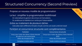 Sciam
Structured Concurrency (Second Preview)
Propose un nouveau modèle de programmation
Grâce au traitement de plusieurs tâches
Exécutées dans différents threads virtuels comme une seule unité de travail
22
Fork/Join et concurrence structurée sont complémentaires
Le but : simplifier la programmation multithread
En rationalisant la gestion des erreurs et l'annulation,
En améliorant la fiabilité et en renforçant l'observabilité
Fork/Join
Conçu pour traiter des tâches à forte intensité
de calcul sur une courte durée
Utilise des threads de l’OS
Complexe à mettre œuvre
Concurrence structurée
Conçue pour traiter des tâches à forte intensité
d'E/S
Utilise des threads virtuels
Facile à mettre en oeuvre
 