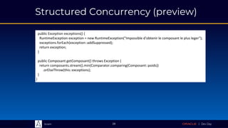 Sciam
Structured Concurrency (preview)
28
public Exception exceptions() {
RuntimeException exception = new RuntimeException("Impossible d'obtenir le composant le plus leger");
exceptions.forEach(exception::addSuppressed);
return exception;
}
public Composant getComposant() throws Exception {
return composants.stream().min(Comparator.comparing(Composant::poids))
.orElseThrow(this::exceptions);
}
}
 