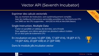 Sciam
Vector API (Seventh Incubator)
Exprimer des calculs vectoriels
Qui, au moment de l'exécution, sont systématiquement compilés
Avec les meilleures instructions vectorielles possibles sur l’architectures CPU
Les SIMD sur les CPU supportées : x64 (SSE et AVX) et AArch64 (Neon)
Dans le module jdk.incubator.vector
34
Single Instruction, Multiple Data
Traiter en parallèle un tableau de données, sans threads
Pour appliquer une même opération sur plusieurs valeurs traitées
En un seul cycle de traitement CPU
En incubation en Java 16 (JEP 338), 17 (JEP 414), 18 (JEP 417),
19 (JEP 426), 20 (JEP 438) et 21 (JEP 448)
 