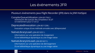 Sciam
Les événements JFR
Plusieurs événements Java Flight Recorder (JFR) dans la JVM HotSpot
52
CompilerQueueUtilization ( JDK-8317562 )
Statistiques des queues des compilateur du JIT
Un événement pour C1 et C2
DeprecatedInvocation ( JDK-8211238 )
Invocation unique d’une méthode annotée avec @Deprecated
NativeLibraryLoad ( JDK-8313251 )
Informations sur une opération de chargement
D’une bibliothèque dynamique ou une image native
NativeLibraryUnLoad ( JDK-8314211)
Informations sur une opération de déchargement
D’une bibliothèque dynamique ou une image native
 