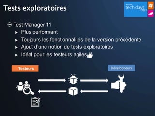 Tests exploratoires

   Test Manager 11
     Plus performant

     Toujours les fonctionnalités de la version précédente

     Ajout d’une notion de tests exploratoires

     Idéal pour les testeurs agiles !



     Testeurs                                Développeurs
 