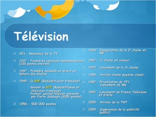 Télévision
                                            1964 : Inauguration de la 2e chaine en
 30’s : Naissance de la TV  ...