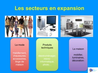 Les secteurs en expansion

La mode
Habillement,
chaussures,
accessoires,
linge de
maison

Produits
techniques
électroménager,
microinformatique,
photo…

La maison
mobilier,
luminaires,
décoration:

 