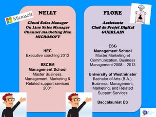 NELLY

FLORE

Cloud Sales Manager
On Line Sales Manager
Channel marketing Man
MICROSOFT

Assistante
Chef de Projet Digital
GUERLAIN

HEC
Executive coaching 2012
ESCEM
Management School
Master Business,
Management, Marketing &
Related support services
2001

ESG
Management School
Master Marketing et
Communication, Business
Management 2008 – 2013
University of Westminster
Bachelor of Arts (B.A.),
Business, Management,
Marketing, and Related
Support Services
Baccalauréat ES

 