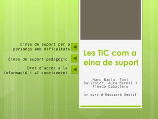 Les TIC com a eina de suport Marc Badia, Toni Ballester, Aura Bernal i Pineda Caballero 1r curs d’Educació Social Eines de suport per a persones amb dificultats Eines de suport pedagògic Dret d’accés a la informació i al coneixement 