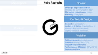 Convergence
   Notre Approche
                Conseil
                                                    Stratégie et positionnement
                                                    Stratégie de communication 360°
                                                    Marketing opérationnel intégré
                                                    Planning stratégique

                                                          Contenu & Design
                                                    Conseil en conception, 
                                                    design et création d’applications et
                     Contact
                       sites mobile multi- terminaux, 
                                                    display, contenus rich media,…

                                                                 Visibilité
                                                    Référencement naturel et payant
                                                    Publicité display (CPA, CPC)
                                                    Intégrations éditoriales
                                                    Performance, Aﬃliation (CPM, CPC)
                                                    Réseaux sociaux

MOBILE SOLUTIONS                                                                 11
 