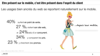 Etre présent sur le mobile, c’est être présent dans l’esprit du client                    

Les usages bien ancrés du web se reportent naturellement sur le mobile.




             40% surfent en point de vente.
              
 
27 %y visitent son site web,
                                                                                    …depuis leur mobile.


               
 
 et 24%celui d’un concurrent.

              
 
34% y comparent les prix,
             23 % y cherchent des promos. 
            
                      
           
            
           
   
   
   
   
   
.
Source : Chiffres-clés du mobile en France – FEVAD 2012


MOBILE SOLUTIONS                                                                                   6
 