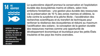Le quatorzième objectif promeut la conservation et l’exploitation
durable des écosystèmes marins et côtiers, selon trois
ambitions fondatrices : une gestion plus durable des ressources
via la préservation de 10 % des zones marines et côtières, la
lutte contre la surpêche et la pêche illicite ; l’accélération des
recherches scientifiques et du transfert de techniques pour
renforcer la résilience des écosystèmes et réduire au maximum
l’acidification des océans ; la conception de la gestion durable
des ressources marines comme une opportunité de
développement économique et touristique pour les petits États
insulaires et les pays les moins avancées.
 