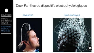 DOMOTIQUE 
OBJETS 
CONNECTES 
AU WEB 
INTERFACES 
CERVEAU-MACHINES 
Deux Familles de dispositifs electrophysiologiques 
Invasives Non-invasives 
 