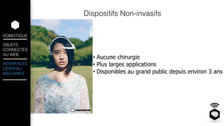 DOMOTIQUE 
OBJETS 
CONNECTES 
AU WEB 
INTERFACES 
CERVEAU-MACHINES 
Dispositifs Non-invasifs 
• Aucune chirurgie 
• Plus larges applications 
• Disponibles au grand public depuis environ 3 ans 
! 
 