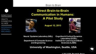 DOMOTIQUE 
OBJETS 
CONNECTES 
AU WEB 
INTERFACES 
CERVEAU-MACHINES 
Brain to Brain 
 