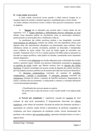 Lesão e morte celular



B – Lesão celular irreversível
       A lesão celular irreversível ocorre quando a célula torna-se incapaz de se
recuperar depois de retirado o estímulo agressivo, caminhando para a morte celular.
 As lesões celulares irreversíveis levam a célula a dois possíveis mecanismos: necrose
ou apoptose.

        1)     Necrose são as alterações que ocorrem após a morte celular em um
organismo vivo. É sempre patológica e habitualmente provoca inflamação no local
afetado. Estas alterações podem ser inicialmente vistas ao microscópio eletrônico,
posteriormente ao microscópio ótico e finalmente a olho nu.
        As membranas das células necróticas perdem a sua integridade, ocorrendo
extravasamento de substâncias contidas nas células. Isto tem importância clínica, pois
algumas delas são especialmente abundantes em determinados tipos celulares. Estas
substâncias entram na corrente circulatória, podendo ser detectadas e interpretadas
como evidência de morte celular. Nos casos de infarto agudo do miocárdio, por
exemplo, Troponinas (Tn-I e Tn-T) e creatina quinase (CK-MB) acham-se presentes ou
elevadas no sangue periférico, onde podem ser dosadas, constituindo assim importante
método diagnóstico.
        A necrose causa inflamação nos tecidos adjacentes para a eliminação dos tecidos
mortos e posterior reparo. Durante este processo inflamatório acumulam-se leucócitos
na periferia do tecido lesado, que liberam enzimas úteis na digestão das células
necróticas. O aspecto morfológico da necrose resulta da digestão das células necróticas
por suas próprias enzimas (autólise) ou de enzimas derivadas dos leucócitos (heterólise).
        As alterações citoplasmáticas consistem em aumento da acidofilia,
citoplasmólise, retração e vacuolização. As alterações nucleares consistem em
cariopicnose (retração do núcleo e aumento da basofilia nucleares), fragmentação do
núcleo e cariólise (lise da cromatina). A célula perde o contorno, a coloração diferencial
e ocorre descamação patológica.

           - Classificação das necroses quanto ao aspecto:
           De acordo com a causa da necrose e com o tecido lesado o seu aspecto pode
           variar.

       a) Necrose por coagulação (= isquêmica): causada por isquemia do local
(venenos de ação local, queimadura). É frequentemente observada nos infartos
isquêmicos, como infarto do miocárdio. Há perda da nitidez dos elementos nucleares e
manutenção do contorno celular devido à permanência de proteínas coaguladas no
citoplasma, sem haver rompimento da membrana celular. Ocorre desnaturação das
proteínas e das enzimas, não ocorrendo autólise. Apresenta coloração branca ou cinza e
aspecto firme.

Nathalia Fuga – Patologia
                                                                                Página 7
 