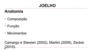 JOELHO

Anatomia

• Composição

• Função
• Movimentos
Camargo e Stewien (2002), Martini (2009), Zecker
(2010).

 