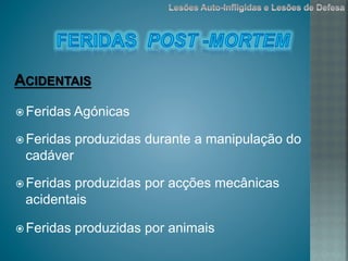 ž Feridas Agónicas
ž Feridas produzidas durante a manipulação do
cadáver
ž Feridas produzidas por acções mecânicas
acidentais
ž Feridas produzidas por animais
ACIDENTAIS
 