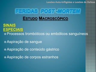 ž Processos trombóticos ou embólicos sanguíneos
ž Aspiração de sangue
ž Aspiração de conteúdo gástrico
ž Aspiração de corpos estranhos
ESTUDO MACROSCÓPICO
SINAIS
ESPECIAIS
 