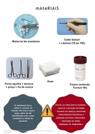 Cabo bisturi
+ Lâmina (15 ou 15C)
Licenciado para - Isteicy Cortez silva - 33066442187 - Protegido por
Eduzz.com
Material de anestesia
Porta agulha + tesoura
+ pinça + fio de sutura
Frasco contendo
Formol 10%
mAteRiAiS
Gaze
O recipiente deve
conter o volume de
líquido 10x maior que a
peça, além de ser
identificado com nome
completo e idade do
paciente
Enviar ao laboratório também:
- queixa e duração da lesão;
- história da doença resumida;
- antecedentes familiares e
pessoais se forem relevantes;
- descrição da lesão;
- hipóteses de diagnóstico.
 