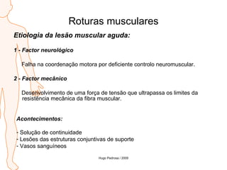 Roturas musculares Etiologia da lesão muscular aguda: 1 - Factor neurológico Falha na coordenação motora por deficiente controlo neuromuscular. 2 - Factor mecânico Desenvolvimento de uma força de tensão que ultrapassa os limites da resistência mecânica da fibra muscular. Acontecimentos: Solução de continuidade Lesões das estruturas conjuntivas de suporte Vasos sanguíneos Hugo Pedrosa / 2009 