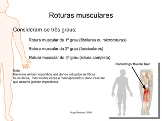 Roturas musculares Consideram-se três graus: Rotura muscular de 1º grau (fibrilares ou microroturas) Rotura muscular do 2º grau (fasciculares) Rotura muscular do 3º grau (rotura completa) Nota: Devemos atribuir importâcia aos danos induzidos às fibras  musculares,  mas muitas vezes é menosprezado o dano vascular  que assume grande importância. Hugo Pedrosa / 2009 