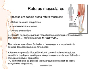 Roturas musculares Processo em cadeia numa rotura muscular: 1 - Rotura de vasos sanguíneos 2 - Hematoma intramuscular 3 - Rotura do epimisio 4 - Difusão do sangue para as zonas limítrofes situadas entre as massas musculares.... hematoma difuso  INTERSTICIAL Nas roturas musculares fechadas a hemorragia e a exsudação de líquidos desencadeiam dois fenómenos: Aumenta a pressão hidrostática local que estimula os receptores  sensitivos que levam ao disparar do espasmo muscular que defende o músculo de novas  agressões;  O aumento local da pressão tecidular ajuda a colapsar os vasos sanguíneos sangrantes; Hugo Pedrosa / 2009 