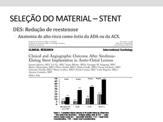 SELEÇÃO DO MATERIAL – STENT 
• DES: Redução de reestenose 
• Anatomia de alto risco como óstio da ADA ou da ACX. 
 