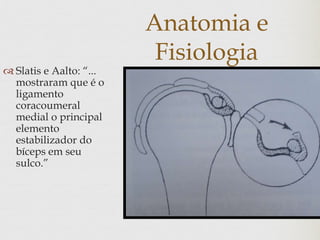Anatomia e
Fisiologia
 Slatis e Aalto: “...
mostraram que é o
ligamento
coracoumeral
medial o principal
elemento
estabilizador do
bíceps em seu
sulco.”
 