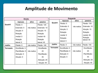 Amplitude de Movimento
Direito
Quadril
repouso ativo passiva
Flexão: 0
Extensão: 0
Adução: 0
Rotação
medial: 0
Rotação
lateral: 0
não realiza
Flexão: 125
Extensão: 10
Adução: 15
Rotação
medial: 45
Rotação
lateral: 45
Joelho Flexão: 0 não realiza Flexão: 140
Tornozelo Dorsiflexão: 0
Plantiflexão: 0
Abdução: 0
Adução: 0
não realiza
Dorsiflexão:
20
Plantiflexão:
45
Abdução: 20
Adução: 40
Esquerdo
Quadril
repouso ativo passiva
Flexão: 0
Extensão: 0
Adução: 0
Rotação
medial: 0
Rotação
lateral: 0
não realiza
Flexão: 125
Extensão: 10
Adução: 15
Rotação
medial: 45
Rotação
lateral: 45
Joelho Flexão: 0 não realiza Flexão: 140
Tornozelo Dorsiflexão: 0
Plantiflexão: 0
Abdução: 0
Adução: 0
não realiza
Dorsiflexão:
20
Plantiflexão:
45
Abdução: 20
Adução: 40
 