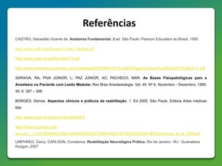 Referências
CASTRO, Sebastião Vicente de. Anatomia Fundamental. 2 ed. São Paulo: Pearson Education do Brasil, 1995
http://www.scielo.br/pdf/coluna/v10n4/v10n4a08.pdf
http://www.scielo.br/pdf/fp/v20n2/11.pdf
http://www.revistaneurociencias.com.br/edicoes/2007/RN%2015%2003/Pages%20from%20RN%2015%2003-11.pdf
SARAIVA, RA; PIVA JÚNIOR, L; PAZ JÚNIOR, AC; PACHECO, MAR. As Bases Fisiopatológicas para a
Anestesia no Paciente com Lesão Medular. Rev Bras Anestesiologia. Vol. 45: Nº 6, Novembro - Dezembro, 1995.
45: 6: 387 – 398
BORGES, Denise. Aspectos clínicos e práticos da reabilitação. 1. Ed 2005. São Paulo, Editora Artes médicas
ltda
http://www.scielo.br/pdf/ean/v9n3/a08v9n3
http://dtserv3.compsy.uni-
jena.de/__C12578E6004010BD.nsf/0/9CD6D83C73DBF5ADC125792E005E5261/$FILE/Duncan_et_al_1990.pdf
UMPHRED, Darcy. CARLSON, Constance. Reabilitação Neurológica Prática. Rio de Janeiro –RJ : Guanabara
Koogan, 2007
 