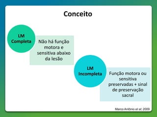 Conceito
Não há função
motora e
sensitiva abaixo
da lesão
LM
Completa
Função motora ou
sensitiva
preservadas + sinal
de preservação
sacral
LM
Incompleta
Marco Antônio et al; 2009
 