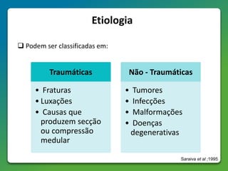 Etiologia
 Podem ser classificadas em:
Traumáticas
• Fraturas
• Luxações
• Causas que
produzem secção
ou compressão
medular
Não - Traumáticas
• Tumores
• Infecções
• Malformações
• Doenças
degenerativas
Saraiva et al ;1995
 