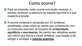 Como ocorre?
Para se entender como ocorre uma lesão medular, é
preciso conhecer a estrutura da medula espinhal e a sua
respectiva função.
A coluna vertebral é composta por 33 vértebras
empilhadas umas sobre as outras que, juntamente com
os músculos exercem as funções de sustentação,
equilíbrio e movimento. No centro das vértebras existe
um orifício que forma o canal vertebral, cuja função é de
abrigar e proteger a medula espinhal.
 