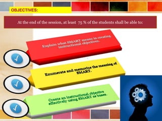 At the end of the session, at least 75 % of the students shall be able to:
OBJECTIVES:
 