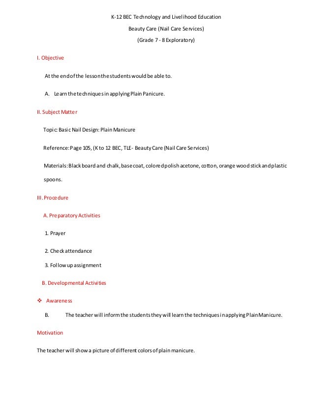 Leson plan in tle nailcare plain manicure