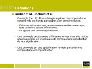 Définitions
 Gruber

et M. Uschold et al.

• Ontologie (déf. 2) : Une ontologie implique ou comprend une
certaine vue du monde par rapport à un domaine donné.
- Cette vue est souvent conçue comme un ensemble de concepts,
leurs définitions et leurs interrelations.
- On appelle cela une conceptualisation.

• Une ontologie peut prendre différentes formes mais elle inclura
nécessairement un vocabulaire de termes et une spécification
de leur signification.

• Une ontologie est une spécification rendant partiellement
compte d‟une conceptualisation.

 