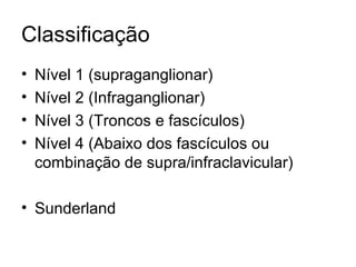 Classificação Nível 1 (supraganglionar) Nível 2 (Infraganglionar) Nível 3 (Troncos e fascículos) Nível 4 (Abaixo dos fascículos ou combinação de supra/infraclavicular) Sunderland 