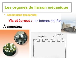 Les organes de liaison mécanique Assemblage temporaire:  Vis et écrous : Les formes de tête À créneaux 